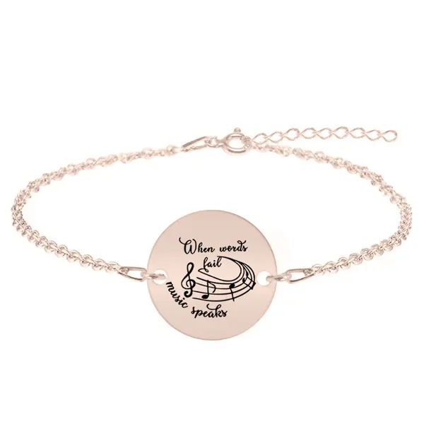 Music - Bratara personalizata pentru iubitorii de muzica "When words fail, music speaks" din argint 925 placat cu aur roz