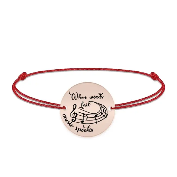 Music - Bratara personalizata snur simplu pentru iubitorii de muzica "When words fail, music speaks" din argint 925 placat cu aur roz
