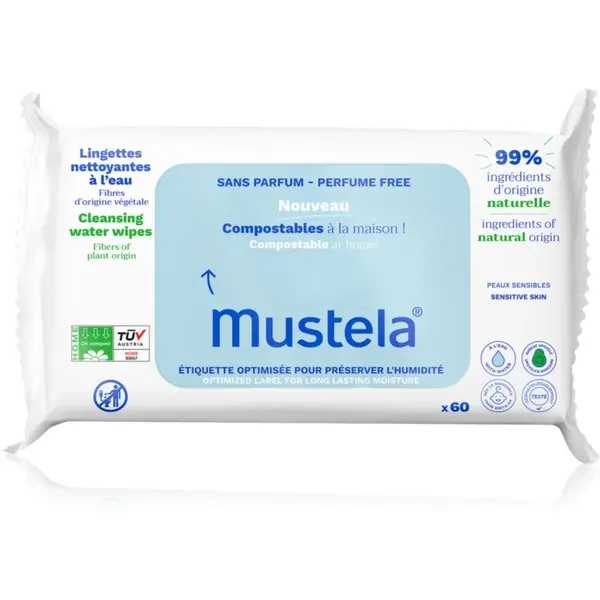Mustela Compostable at Home Cleansing Wipes Perfume Free servetele pentru curatare fara parfum pentru nou-nascuti si copii 60 buc