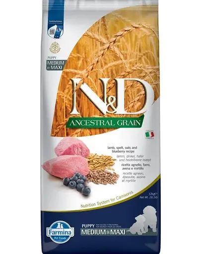N&D Low Grain Dog Lamb & Blueberry Puppy Medium & Maxi Sac hrana catei talie medie si mare, cu miel si afine 12 kg