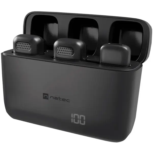 natec Microfon lavaliera Natec Hopper NMI-2256, Wireless, port Lightning, autonomie 4 ore, 2 unitati, Negru