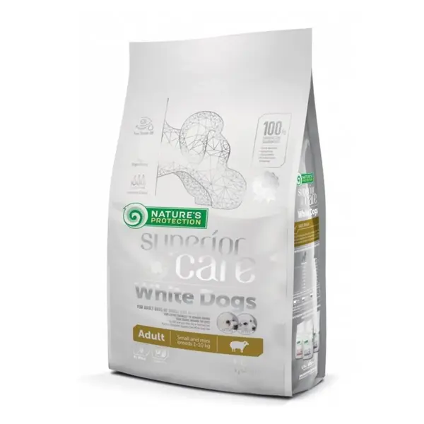 NATURES PROTECTION Superior Care White Dogs Small&Mini, Miel, hrană uscată câini, reducerea petelor maronii la câinii albi, 1.5kg