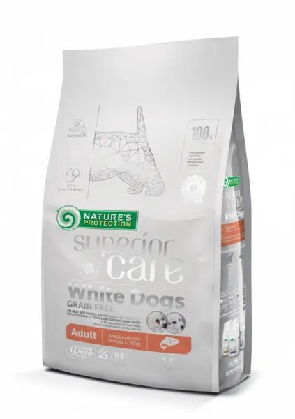NATURES PROTECTION Superior Care White Dogs SmallMini Grain Free, Somon, ajuta la eliminarea lacrimarii excesive si reducerea petelor maronii de la ochi, 10 kg