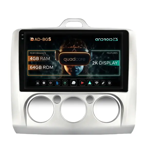 Navigatie 2K Ford Focus MK2 (2004-2011), Clima Manuala, Android, S-Quadcore 4GB RAM + 64GB ROM, 9.5 Inch - AD-BGS90042K+AD-BGRKIT112