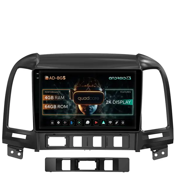 Navigatie 2K Hyundai Santa Fe (2006-2012), Android, S-Quadcore 4GB RAM + 64GB ROM, 9.5 Inch - AD-BGS90042K+AD-BGRKIT210