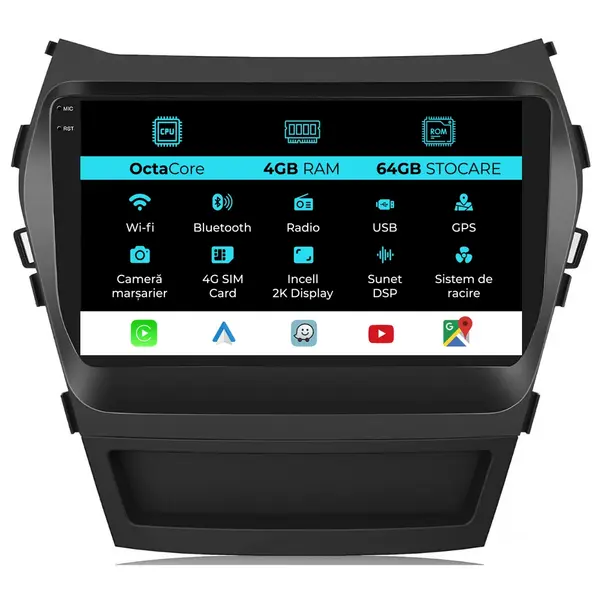 Navigatie Android Dedicata Hyundai IX45 SantaFe (2013-2017), 2K, 4Gb Ram, 64Gb Stocare, Carplay