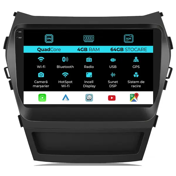 Navigatie Android Dedicata Hyundai IX45 SantaFe (2013-2017),QuadCore, 9Inch, 4Gb Ram, 64Gb Stocare, Carplay