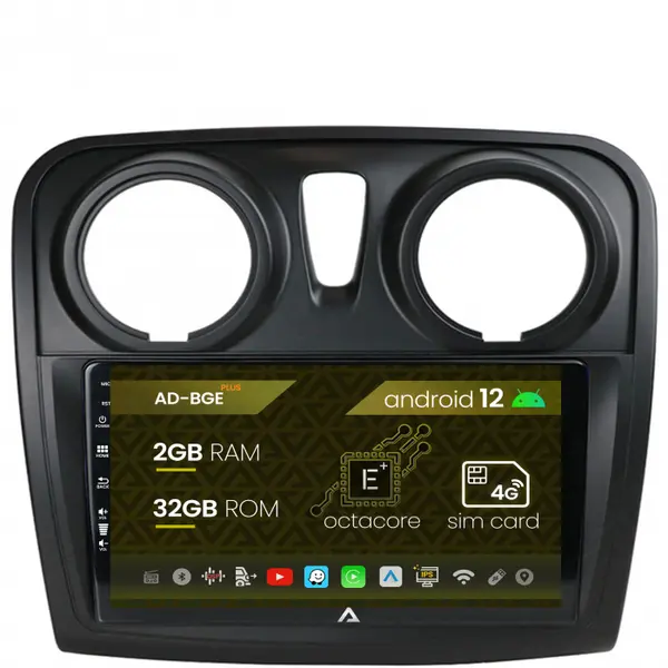 Navigatie Dacia Logan Sandero, Android 12, E-Octacore 2GB RAM + 32GB ROM, 9 Inch - AD-BGE9002+AD-BGRKIT376