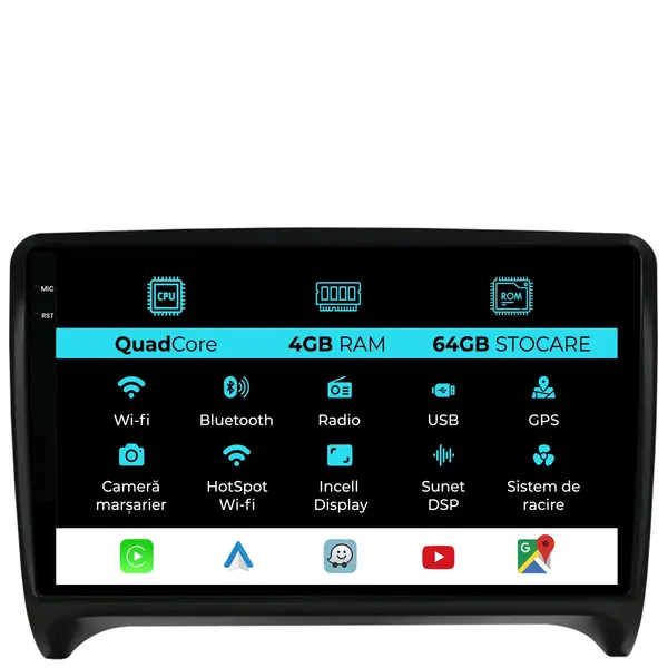 Navigatie Dedicata Audi TT (2006 - 2014), QuadCore, 9 Inch, 4Gb Ram, 64Gb Stocare, Android Auto, Carplay