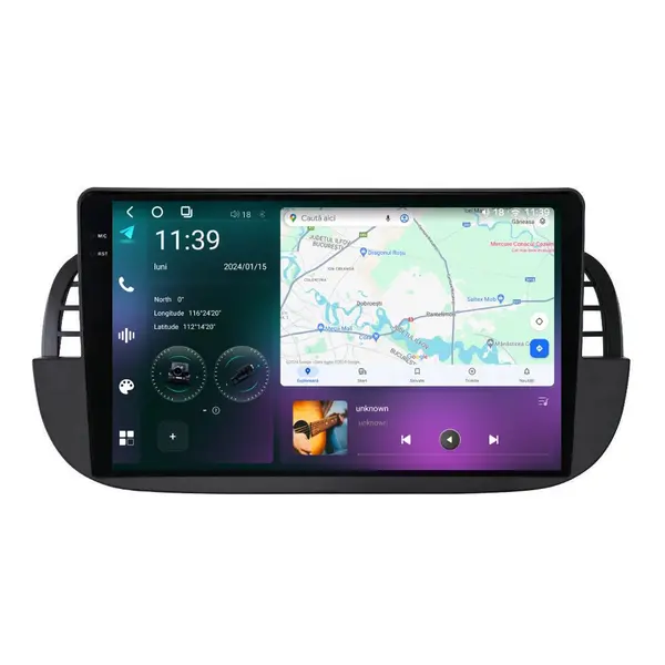 Navigatie dedicata cu Android Fiat 500 2007 - 2015, negru, 12GB RAM, Radio GPS Dual Zone, Display 2K QLED 9.5" Touchscreen, Internet Wi-Fi si slot SIM 4G, Bluetooth, MirrorLink, USB