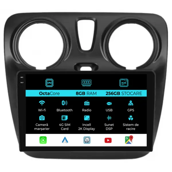Navigatie Dedicata Dacia Dokker Lodgy (2012-2020), 2K, 8Gb Ram, 256Gb Stocare, Carplay