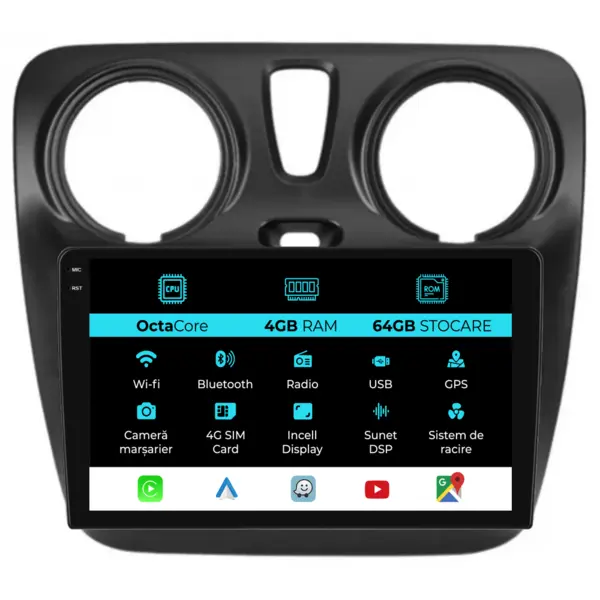 Navigatie Dedicata Dacia Dokker Lodgy (2012-2020), 9Inch, 4Gb Ram, 64Gb Stocare, Carplay