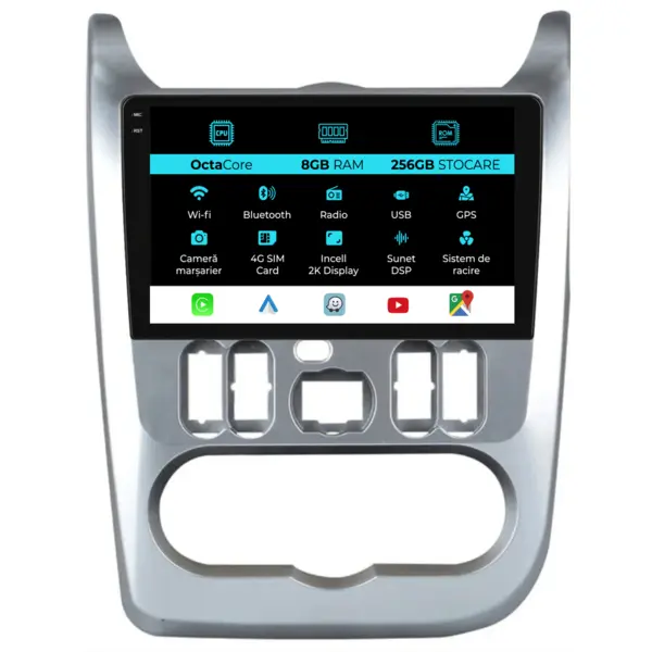 Navigatie Dedicata Dacia Logan Duster Sandero (2008-2013), 2K, 8Gb Ram, 256Gb Stocare, Carplay