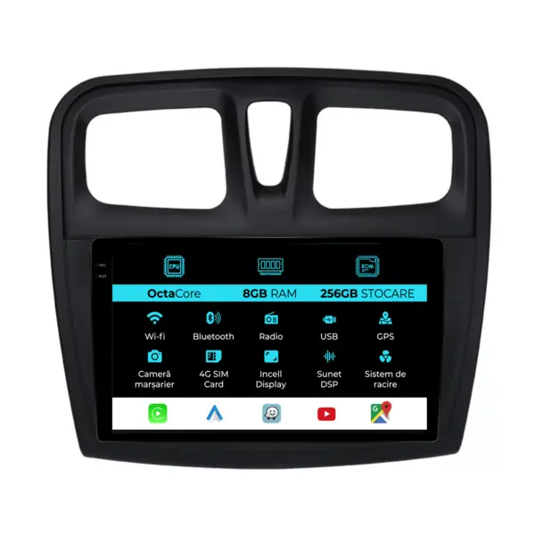 Navigatie Dedicata Dacia Logan Sandero (2012-2020), 9Inch, 8Gb Ram, 256Gb Stocare, Carplay
