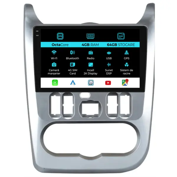 Navigatie Dedicata Dacia Sandero (2010 - 2020), 2K, 4Gb Ram, 64Gb Stocare, Android Auto, Carplay