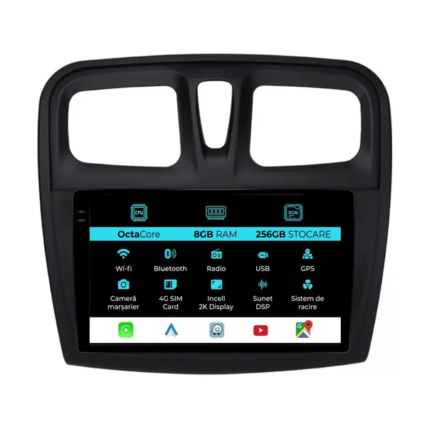 Navigatie Dedicata Dacia Sandero (2010 - 2020), 2K, 8Gb Ram, 256Gb Stocare, Android Auto, Carplay