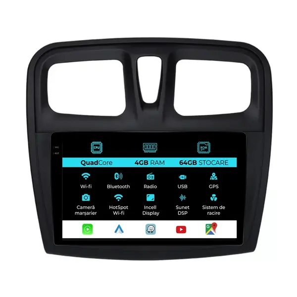 Navigatie Dedicata Dacia Sandero (2010 - 2020), QuadCore, 9 Inch, 4Gb Ram, 64Gb Stocare, Android Auto, Carplay