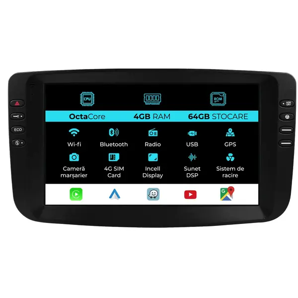 Navigatie Dedicata Fiat Linea, Punto (2012-2018), 9Inch, 4Gb Ram, 64Gb Stocare, Carplay