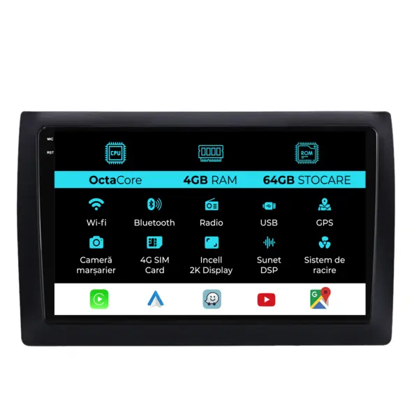 Navigatie Dedicata Fiat Stilo (2001-2010), 2K, 4Gb Ram, 64Gb Stocare, Android Auto, Carplay