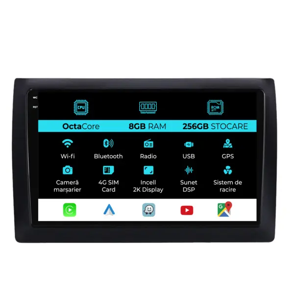 Navigatie Dedicata Fiat Stilo (2001-2010), 2K, 8Gb Ram, 256Gb Stocare, Android Auto, Carplay