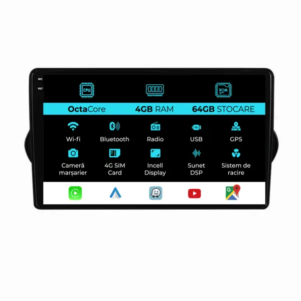 Navigatie Dedicata Fiat Tipo (2015-2021), 9 Inch, 4Gb Ram, 64Gb Stocare, Android Auto, Carplay
