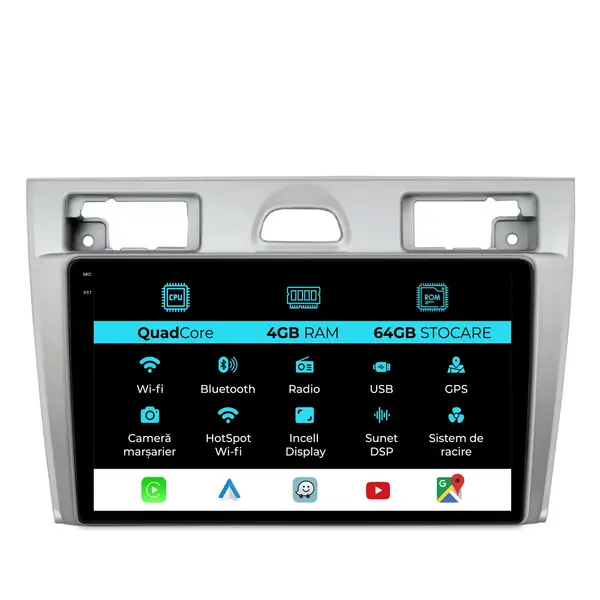 Navigatie Dedicata Ford Fiesta (2006-2011),QuadCore, 9Inch, 4Gb Ram, 64Gb Stocare, Carplay
