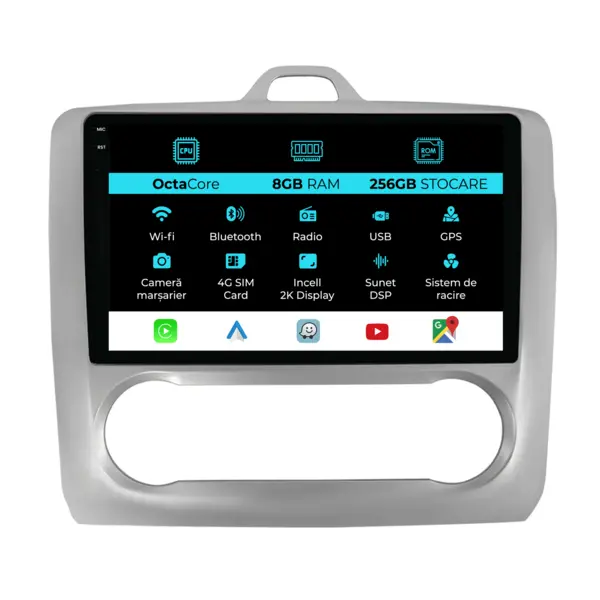 Navigatie Dedicata Ford Focus (2004-2012), 2K, 8Gb Ram, 256Gb Stocare, Carplay, Clima automata