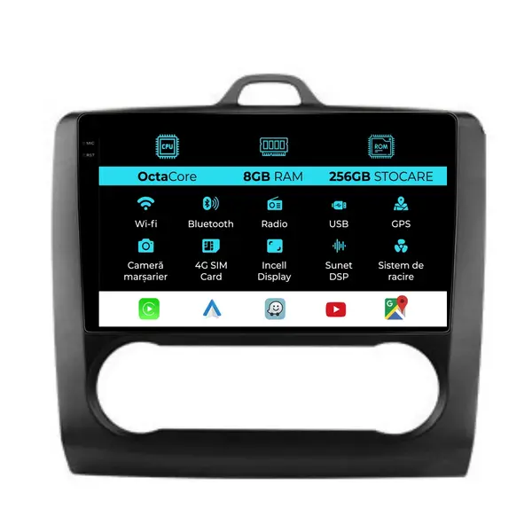 Navigatie Dedicata Ford Focus (2004-2012), 9Inch, 8Gb Ram, 256Gb Stocare, Carplay, Clima automata