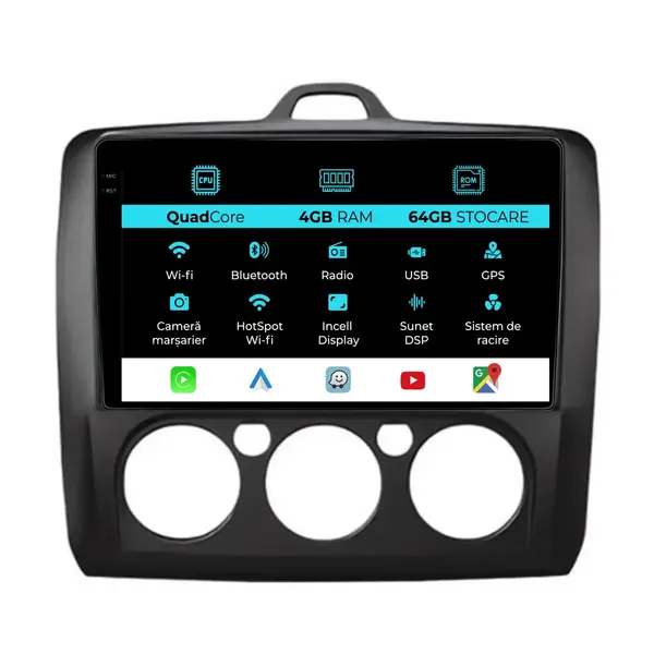 Navigatie Dedicata Ford Focus (2004 - 2012), QuadCore, 9 Inch, 4Gb Ram, 64Gb Stocare, Android Auto, Carplay