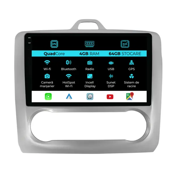Navigatie Dedicata Ford Focus (2004 - 2012), QuadCore, 9 Inch, 4Gb Ram, 64Gb Stocare, Android Auto, Carplay