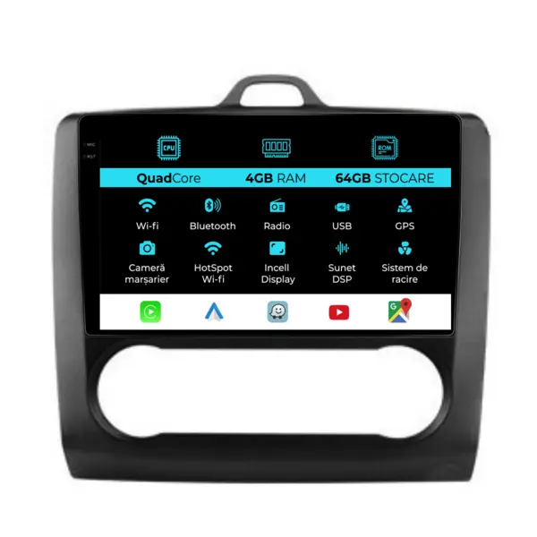Navigatie Dedicata Ford Focus (2004 - 2012), QuadCore, 9 Inch, 4Gb Ram, 64Gb Stocare, Android Auto, Carplay