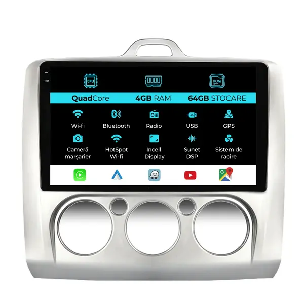 Navigatie Dedicata Ford Focus (2004-2012),QuadCore, 9Inch, 4Gb Ram, 64Gb Stocare, Carplay