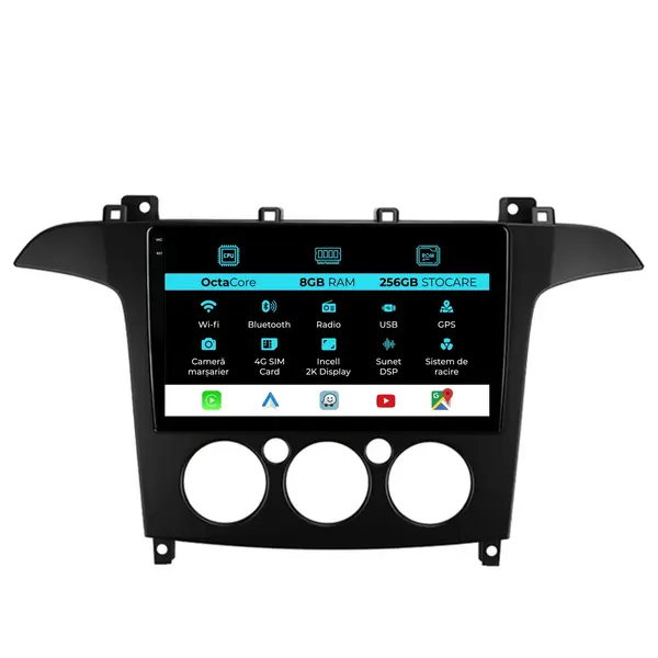 Navigatie Dedicata Ford S-Max (2006-2015), 2K, 8Gb Ram, 256Gb Stocare, Carplay, Clima manuala