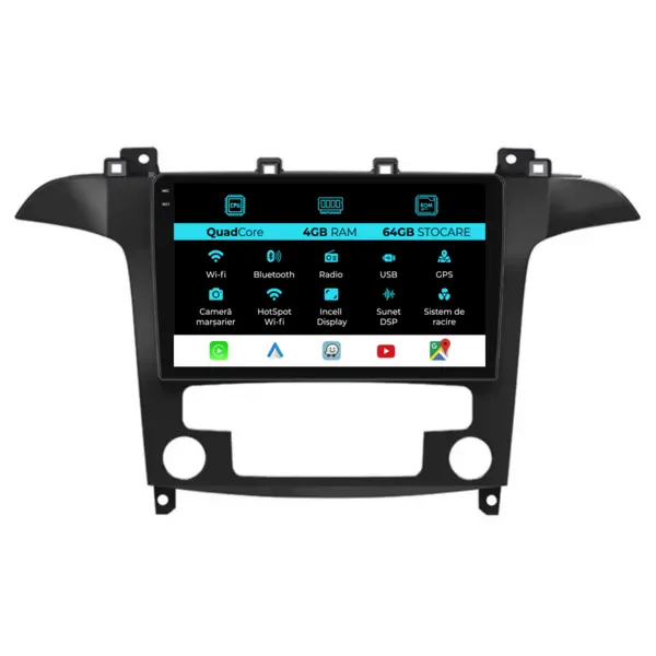 Navigatie Dedicata Ford S-Max (2006-2015),QuadCore, 9Inch, 4Gb Ram, 64Gb Stocare, Carplay, Clima automata