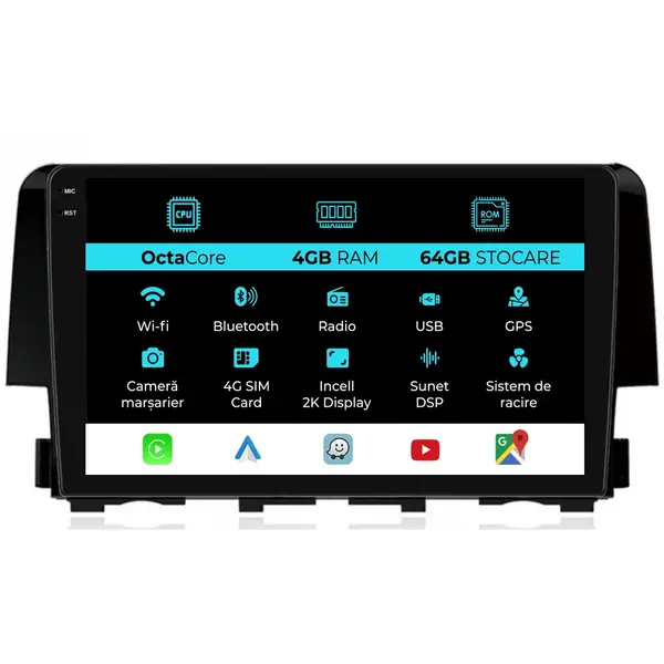 Navigatie Dedicata Honda Civic (2015-2021), 2K, 4Gb Ram, 64Gb Stocare, Carplay