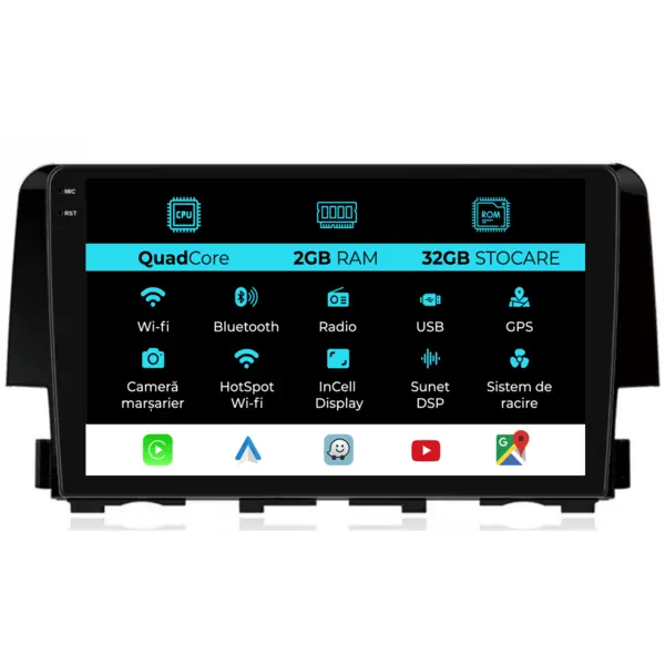 Navigatie Dedicata Honda Civic (2015-2021), 9Inch, 2Gb Ram, 32Gb Stocare, Carplay