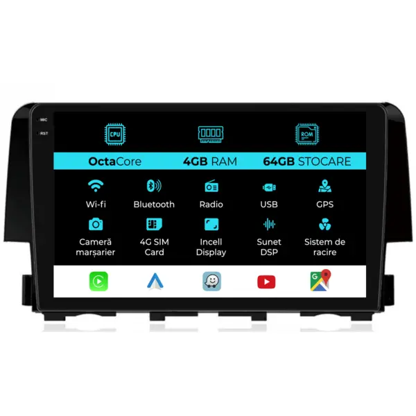 Navigatie Dedicata Honda Civic (2015-2021), 9Inch, 4Gb Ram, 64Gb Stocare, Carplay