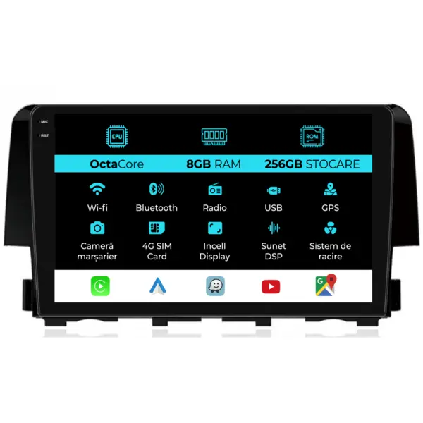 Navigatie Dedicata Honda Civic (2015-2021), 9Inch, 8Gb Ram, 256Gb Stocare, Carplay