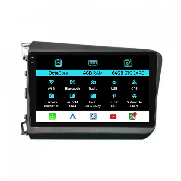 Navigatie Dedicata Honda Civic IX Sedan (2011-2015), 2K, 4Gb Ram, 64Gb Stocare, Carplay