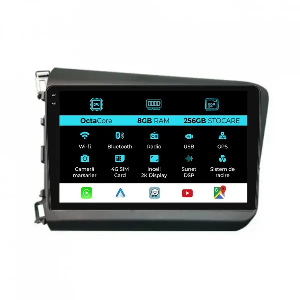 Navigatie Dedicata Honda Civic IX Sedan (2011-2015), 2K, 8Gb Ram, 256Gb Stocare, Carplay