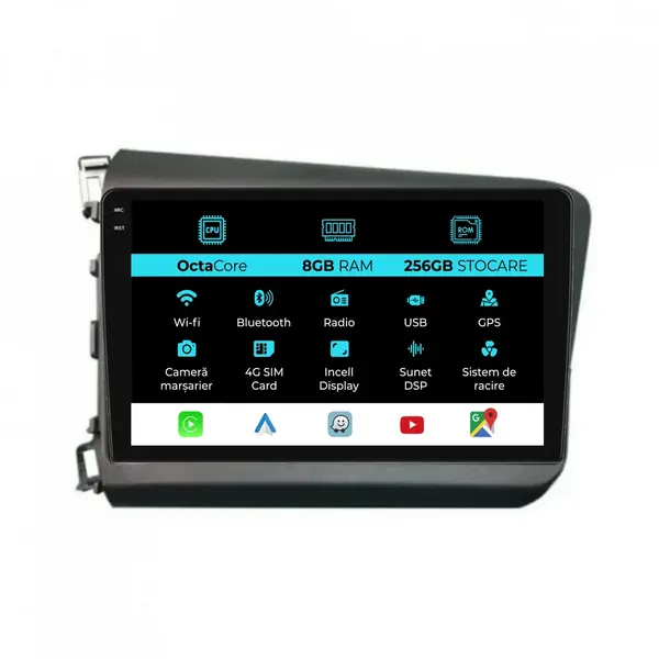 Navigatie Dedicata Honda Civic IX Sedan (2011 - 2015), 9 Inch, 8Gb Ram, 256Gb Stocare, Android Auto, Carplay