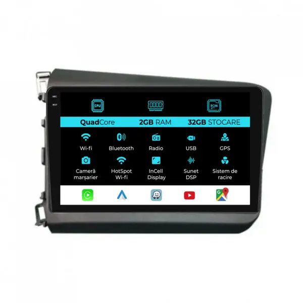 Navigatie Dedicata Honda Civic IX Sedan (2011-2015), 9Inch, 2Gb Ram, 32Gb Stocare, Carplay