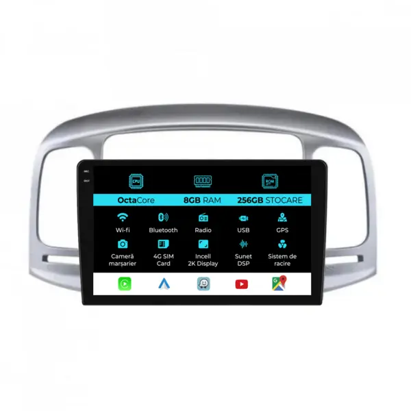 Navigatie Dedicata Hyundai Accent (2005 - 2012), 2K, 8Gb Ram, 256Gb Stocare, Android Auto, Carplay
