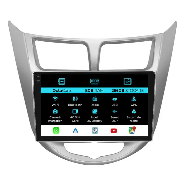 Navigatie Dedicata Hyundai Accent (2011-2016), 2K, 8Gb Ram, 256Gb Stocare, Android Auto, Carplay