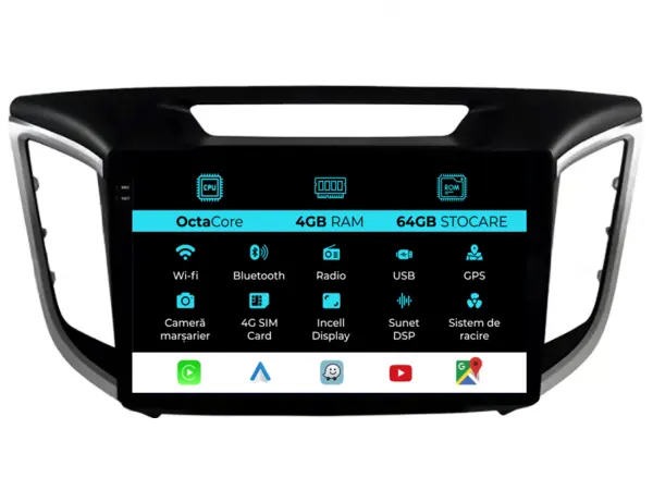 Navigatie Dedicata Hyundai IX25 (2015-2018), 10 Inch, 4Gb Ram, 64Gb Stocare, Android Auto, Carplay