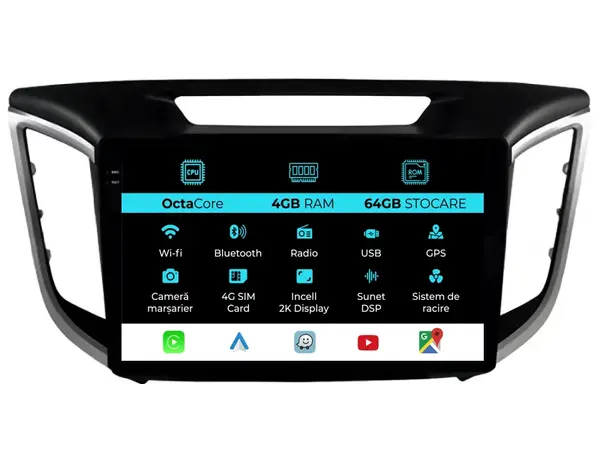 Navigatie Dedicata Hyundai IX25 (2015-2018), 2K, 4Gb Ram, 64Gb Stocare, Android Auto, Carplay