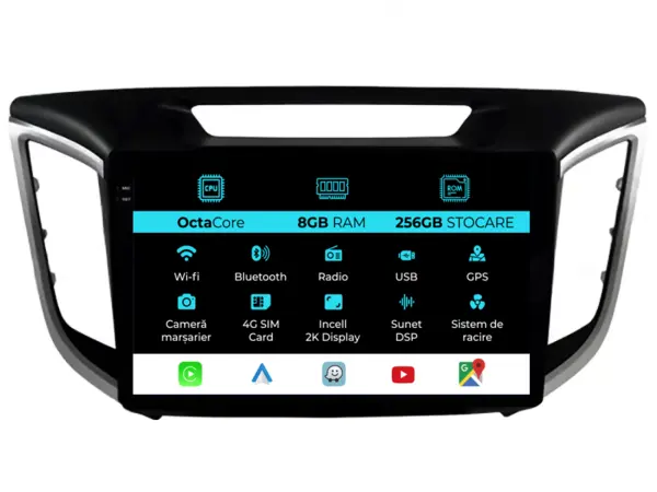 Navigatie Dedicata Hyundai IX25 (2015-2018), 2K, 8Gb Ram, 256Gb Stocare, Android Auto, Carplay