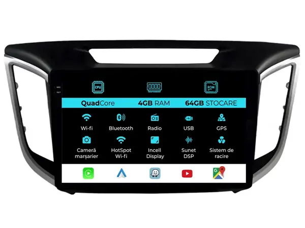 Navigatie Dedicata Hyundai IX25 (2015-2019),QuadCore, 10Inch, 4Gb Ram, 64Gb Stocare, Carplay