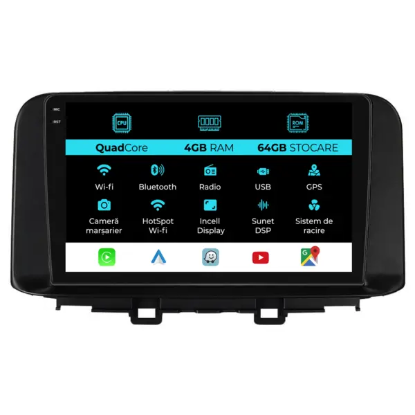 Navigatie Dedicata Hyundai Kona (2017-2023), QuadCore, 10 Inch, 4Gb Ram, 64Gb Stocare, Android Auto, Carplay