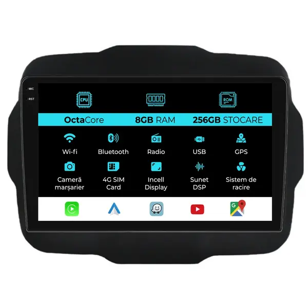 Navigatie Dedicata Jeep Renegade (2016-2020), 9 Inch, 8Gb Ram, 256Gb Stocare, Android Auto, Carplay